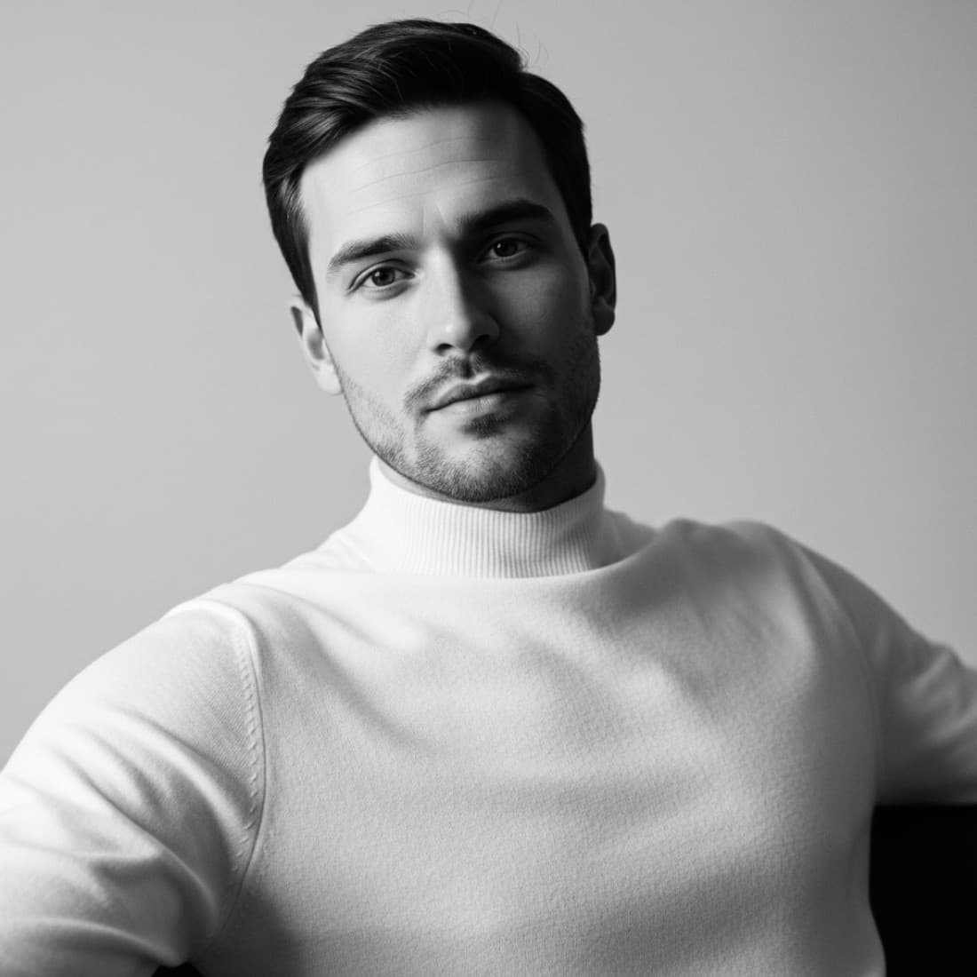 Monochrome Tilted-Head Cashmere Men's Portrait: Google Imagen prompts, Nano Banana prompts, Midjourney prompts, ChatGPT prompts, DALL-E prompts Prompt