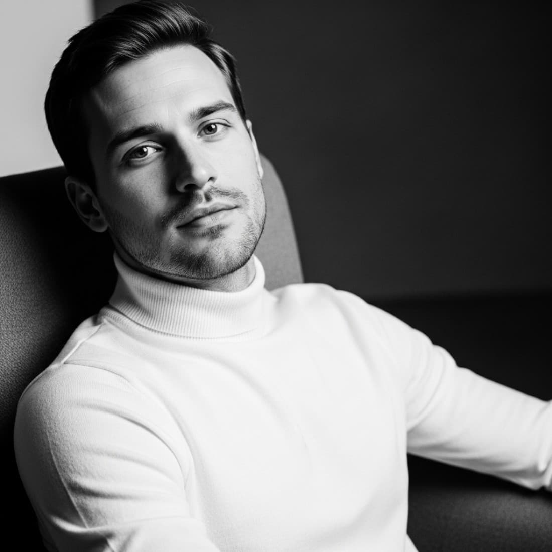 Black-and-White Leaning-Back Cashmere Portrait: Google Imagen prompts, Nano Banana prompts, Midjourney prompts, ChatGPT prompts, DALL-E prompts Prompt
