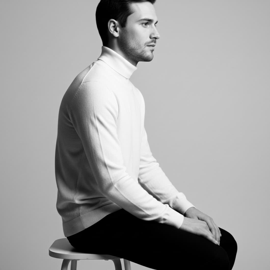 Black-and-White Sideways Stool Men's Portrait: Google Imagen prompts, Nano Banana prompts, Midjourney prompts, ChatGPT prompts, DALL-E prompts Prompt