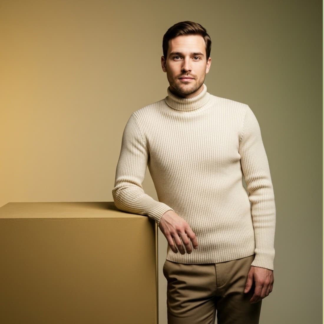 Golden Beige Gradient Standing Portrait with Cube: Google Imagen prompts, Nano Banana prompts, Midjourney prompts, ChatGPT prompts, DALL-E prompts Prompt