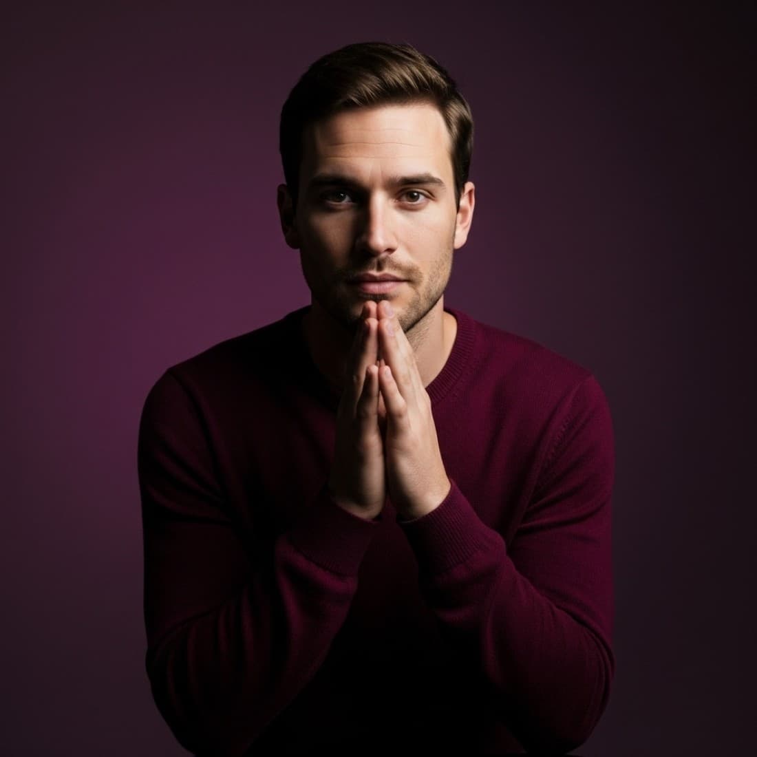 Deep Plum Gradient Portrait with Clasped Hands: Google Imagen prompts, Nano Banana prompts, Midjourney prompts, ChatGPT prompts, DALL-E prompts Prompt
