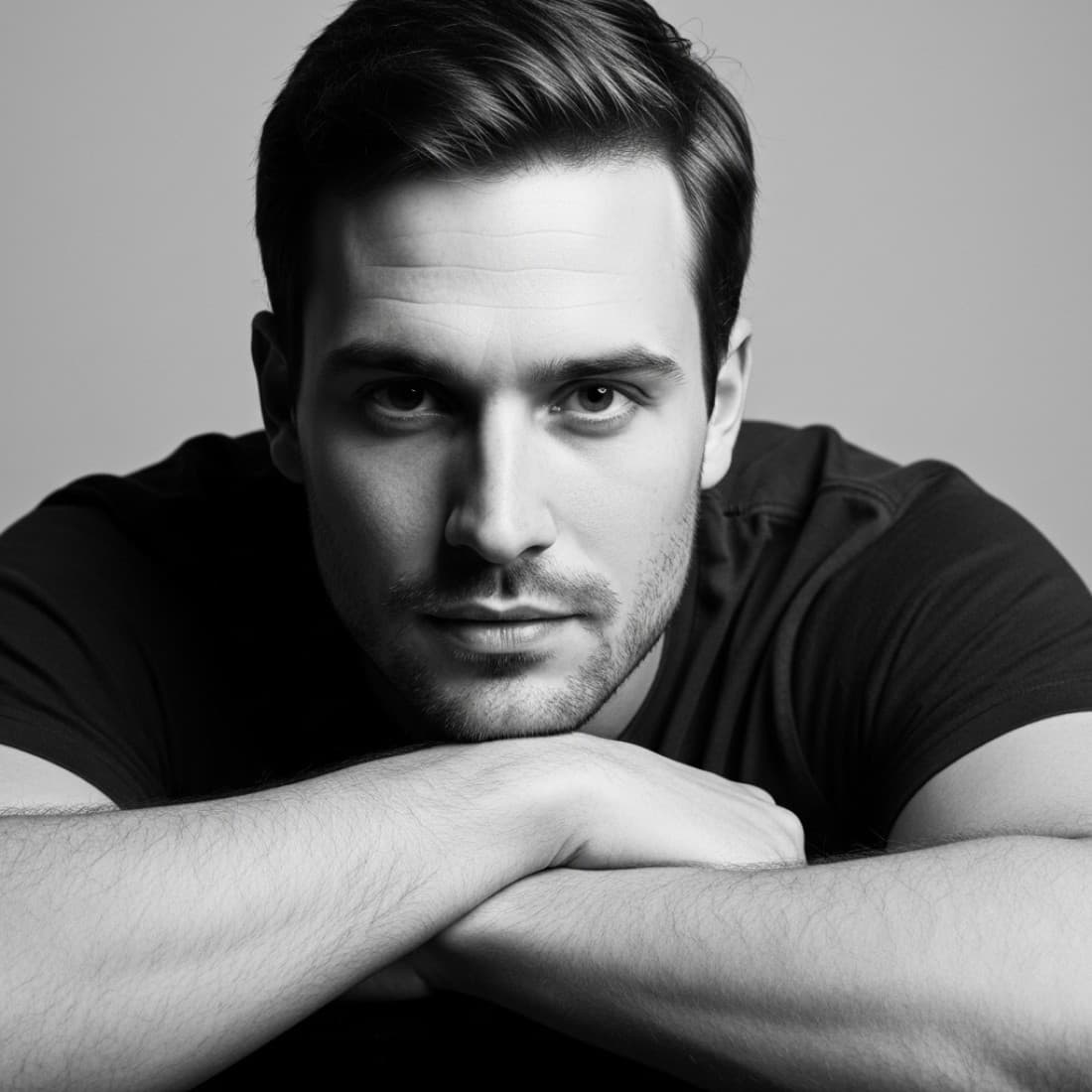 Black-and-White Leaning-Forward Portrait: Restrained editorial portfolios, contemplative luxury photography, refined artistic branding, modern sophisticated headshots, elegant Instagram content Prompt