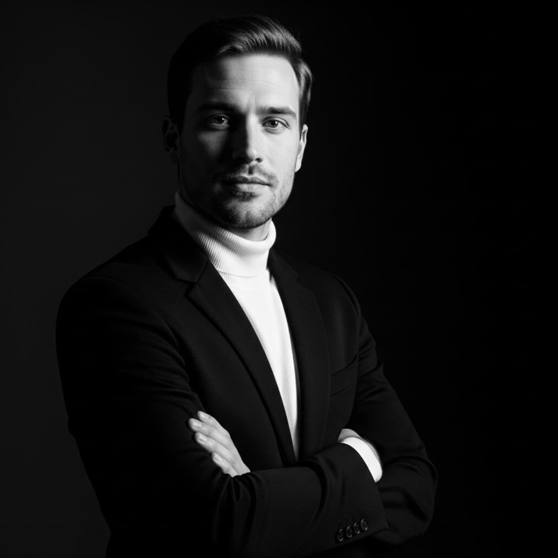 Black-and-White Facebook Linkedin Portrait with Arms Folded: Google Imagen prompts, Nano Banana prompts, Midjourney prompts, ChatGPT prompts, DALL-E prompts Prompt