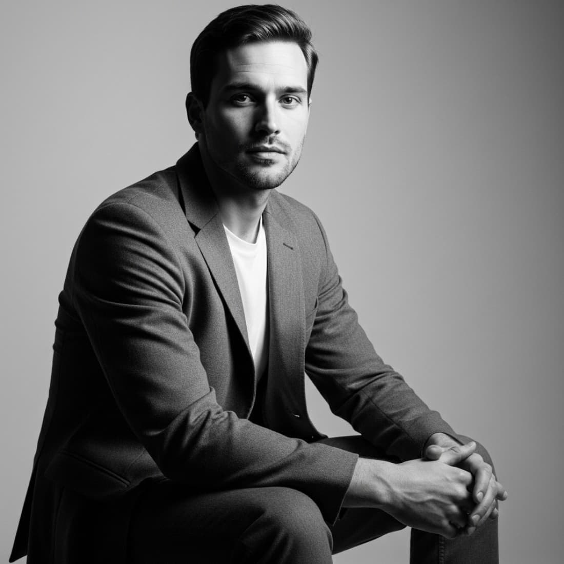 Black-and-White Three-Quarter Seated Portrait: Google Imagen prompts, Nano Banana prompts, Midjourney prompts, ChatGPT prompts, DALL-E prompts Prompt