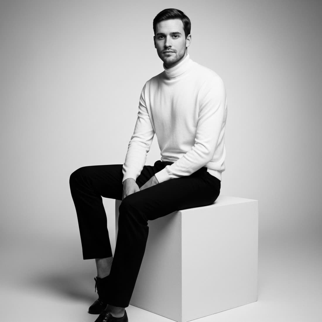 Black-and-White Full-Body Cashmere Cube Men's Portrait: Google Imagen prompts, Nano Banana prompts, Midjourney prompts, ChatGPT prompts, DALL-E prompts Prompt
