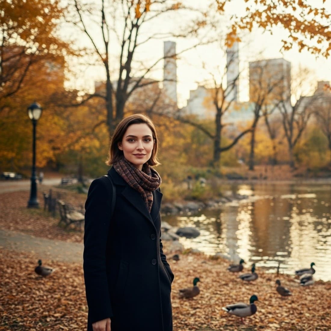 Women's Social Media Central Park Duck Feeding Photography: Instagram posts, social media content, urban romance photography, autumn lifestyle content, Central Park posts Prompt