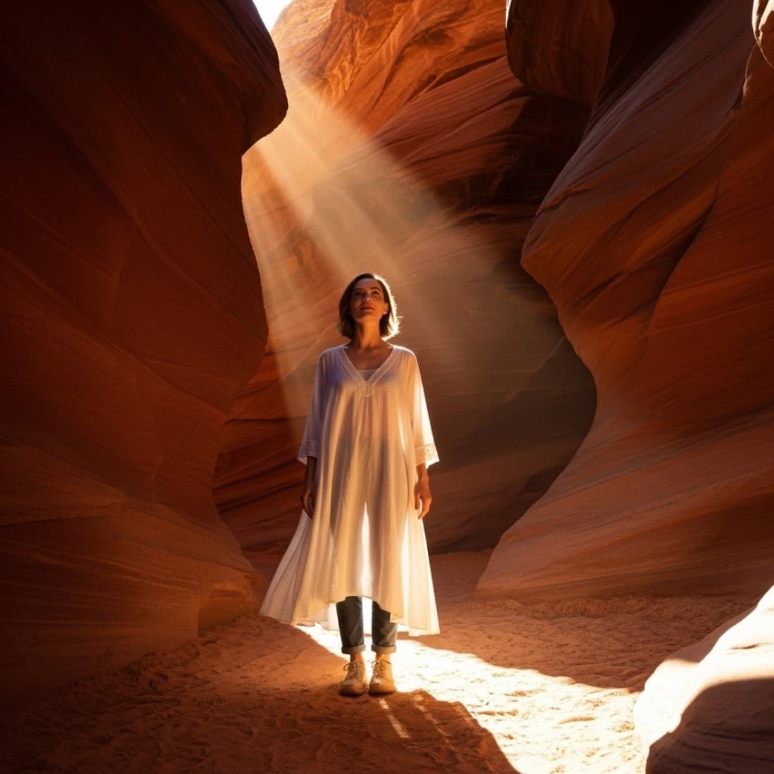 Women's Dating Profile Antelope Canyon Light Beam Photography: Google Imagen prompts, Nano Banana prompts, Midjourney prompts, ChatGPT prompts, DALL-E prompts Prompt