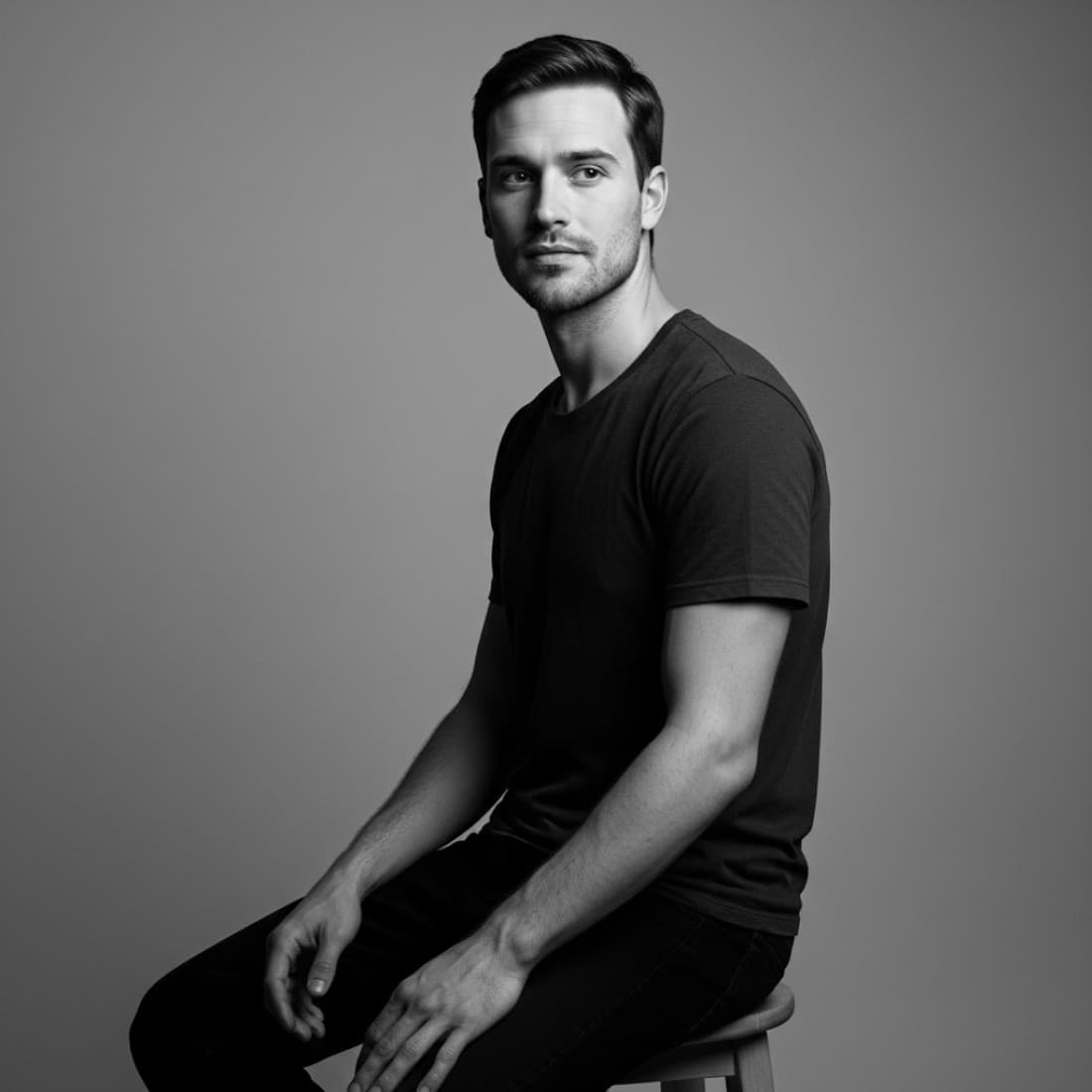 Black-and-White Sideways Stool Portrait: Google Imagen prompts, Nano Banana prompts, Midjourney prompts, ChatGPT prompts, DALL-E prompts Prompt