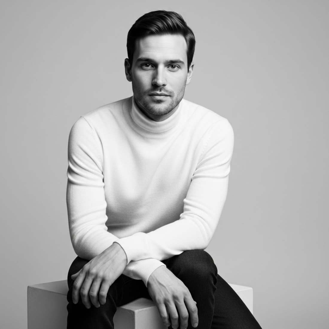 Black-and-White Seated Cube Cashmere Portrait: Google Imagen prompts, Nano Banana prompts, Midjourney prompts, ChatGPT prompts, DALL-E prompts Prompt